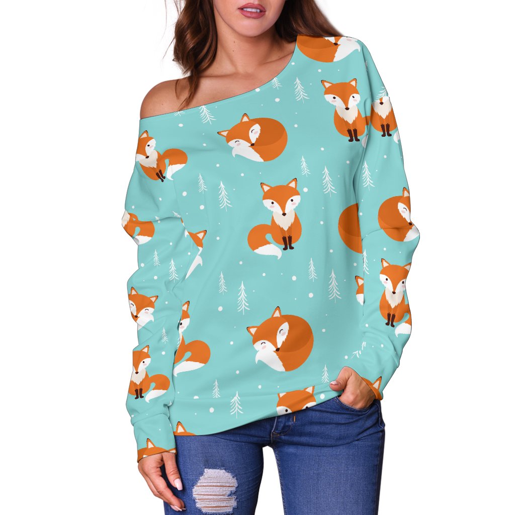 Fox Design Snow Print Pattern Off Shoulder Sweatshirt