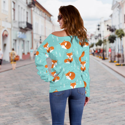 Fox Design Snow Print Pattern Off Shoulder Sweatshirt