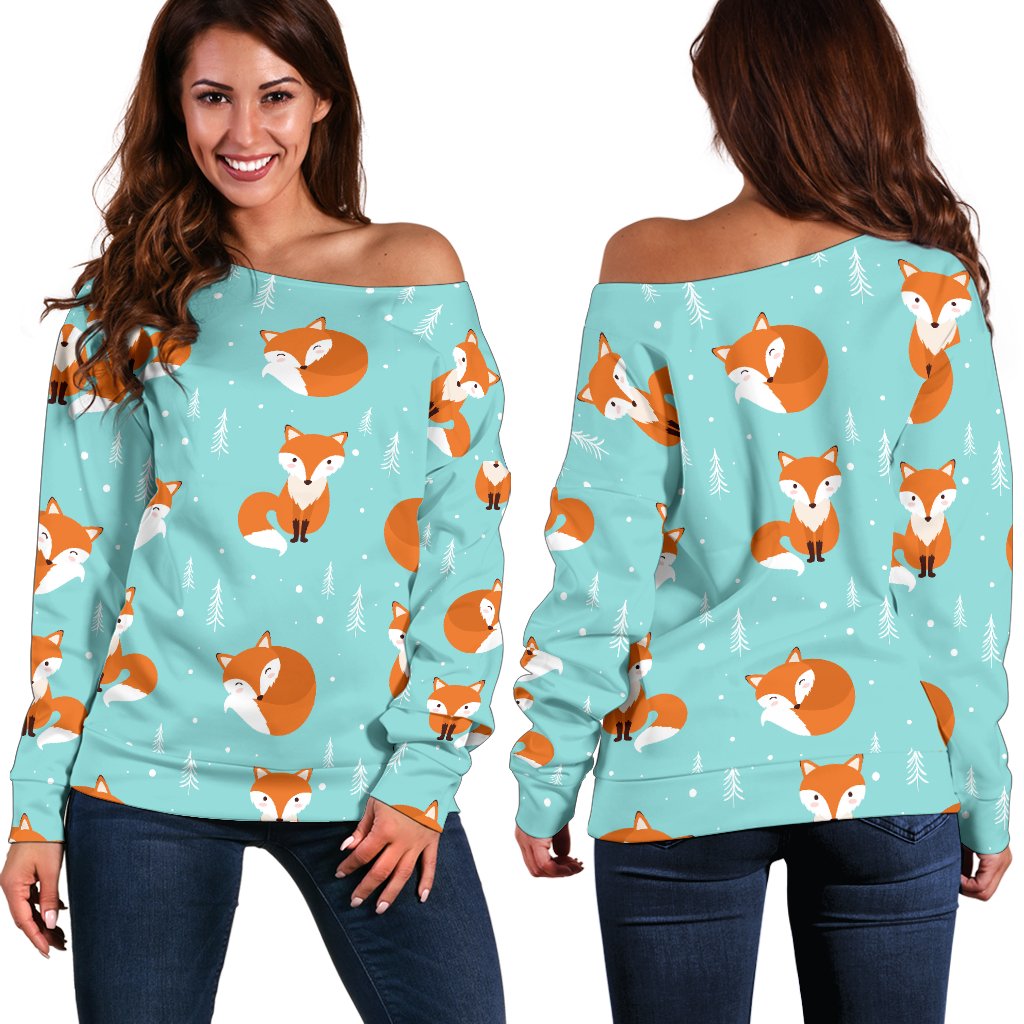 Fox Design Snow Print Pattern Off Shoulder Sweatshirt