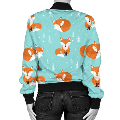 Fox Design Snow Print Pattern Women Casual Bomber Jacket