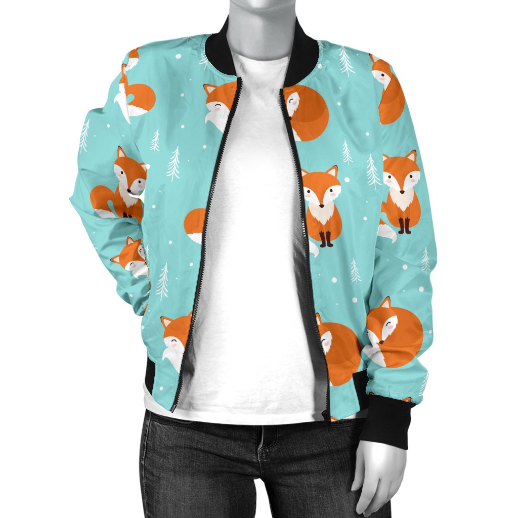 Fox Design Snow Print Pattern Women Casual Bomber Jacket