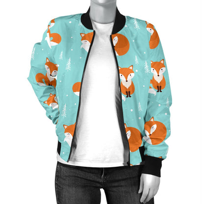 Fox Design Snow Print Pattern Women Casual Bomber Jacket