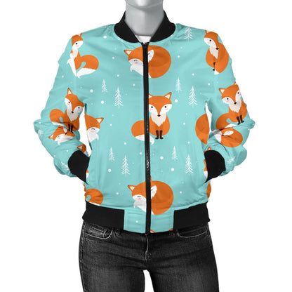 Fox Design Snow Print Pattern Women Casual Bomber Jacket