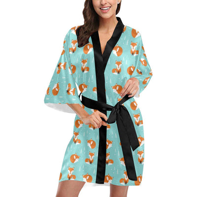 Fox Design Snow Print Pattern Women Short Kimono Robe