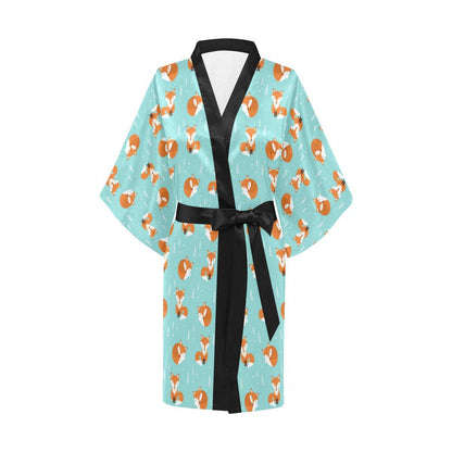 Fox Design Snow Print Pattern Women Short Kimono Robe