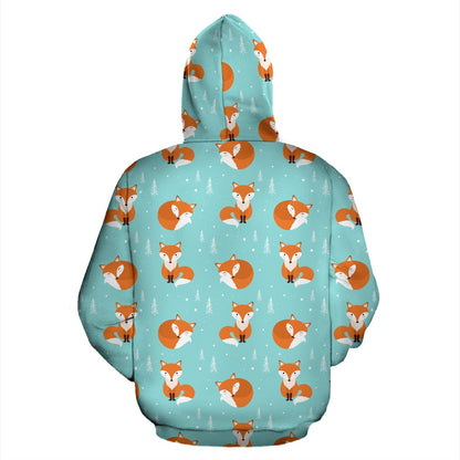 Fox Design Snow Print Pattern Zip Up Hoodie