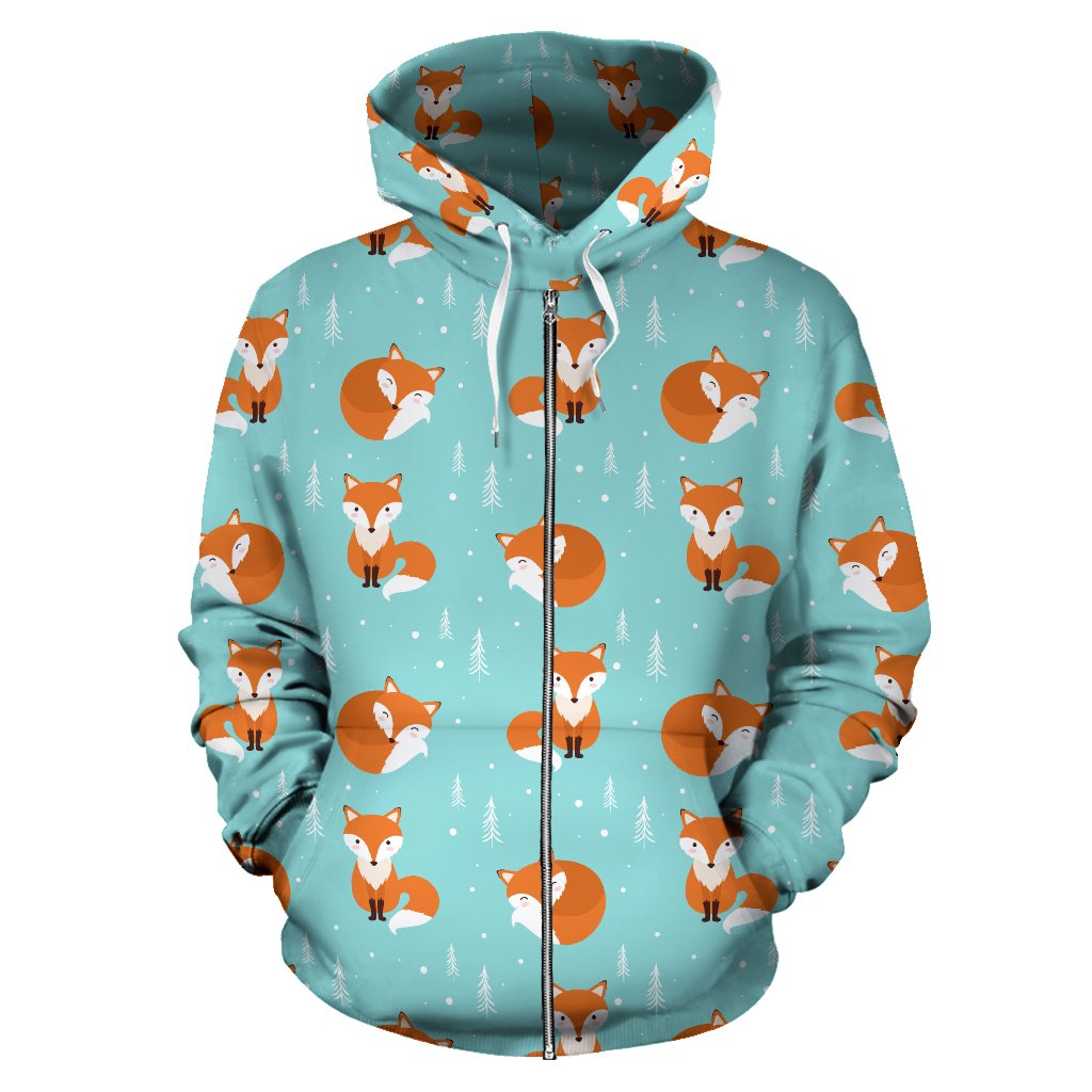 Fox Design Snow Print Pattern Zip Up Hoodie