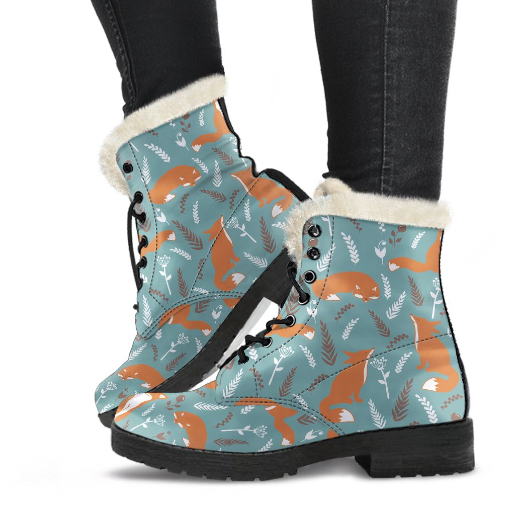 Fox Forest Print Pattern Faux Fur Leather Boots-JTAMIGO.COM