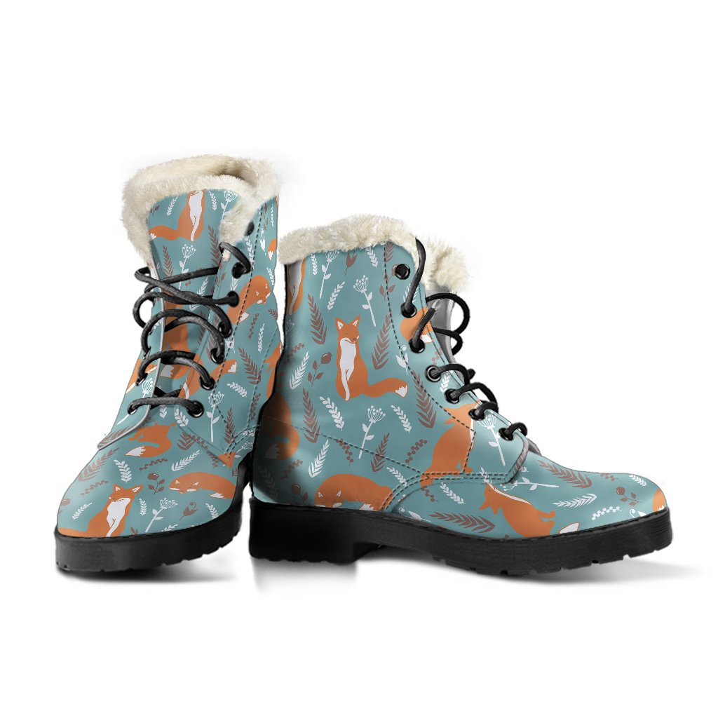 Fox Forest Print Pattern Faux Fur Leather Boots-JTAMIGO.COM