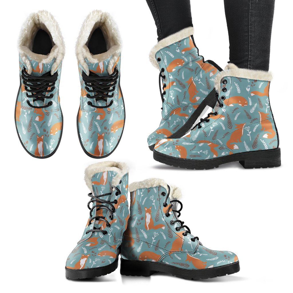 Fox Forest Print Pattern Faux Fur Leather Boots-JTAMIGO.COM