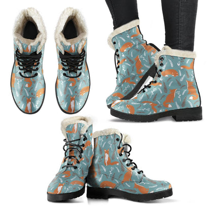 Fox Forest Print Pattern Faux Fur Leather Boots-JTAMIGO.COM