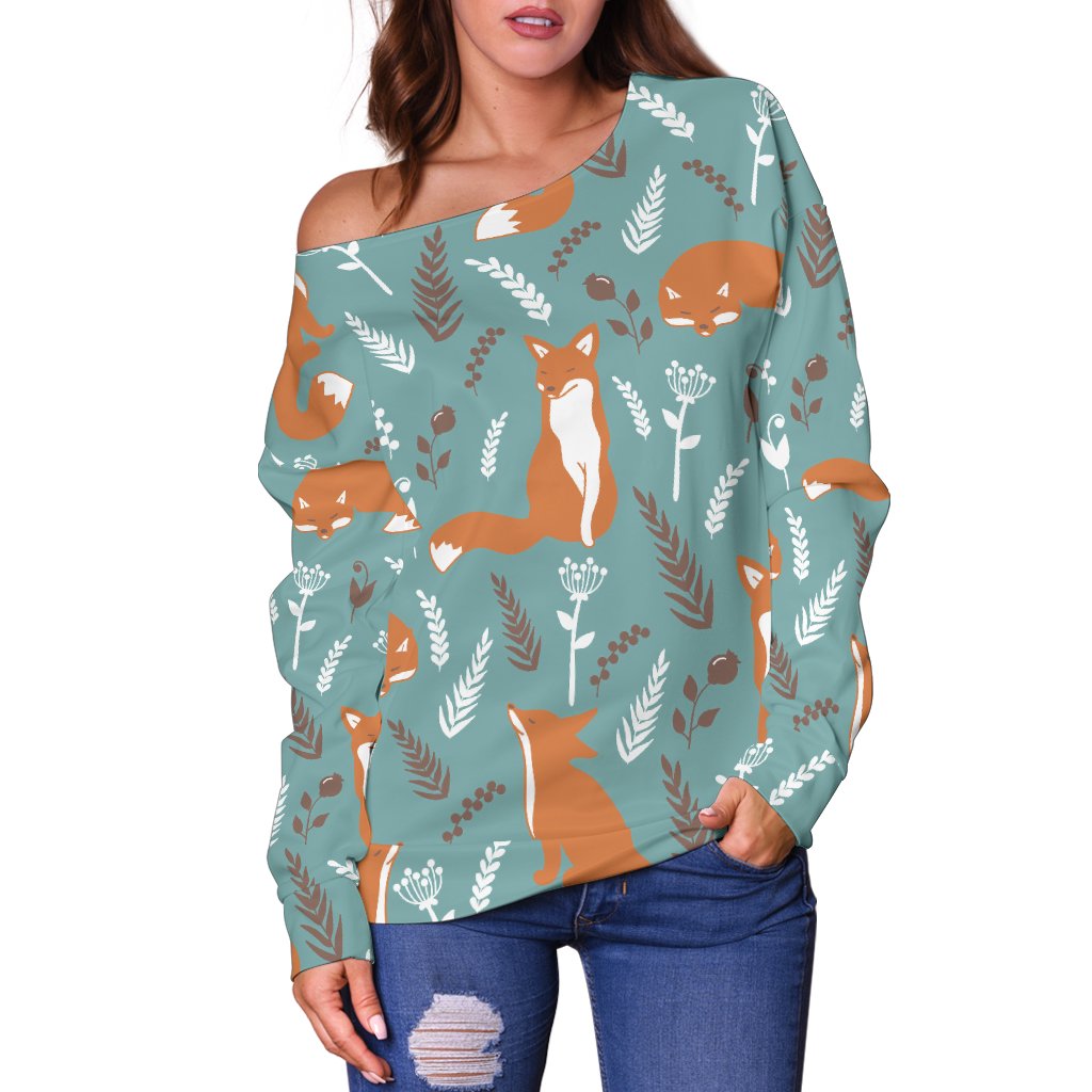 Fox Forest Print Pattern Off Shoulder Sweatshirt