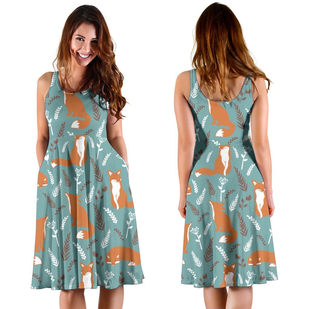 Fox Forest Print Pattern Sleeveless Dress