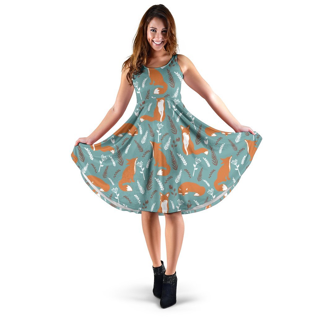 Fox Forest Print Pattern Sleeveless Dress