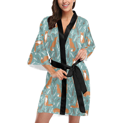 Fox Forest Print Pattern Women Short Kimono Robe