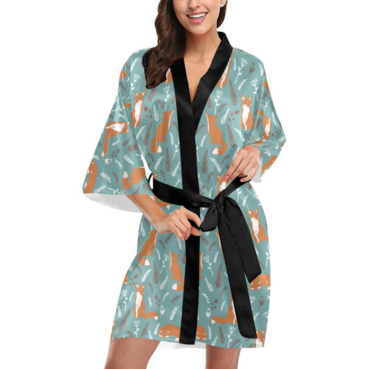 Fox Forest Print Pattern Women Short Kimono Robe