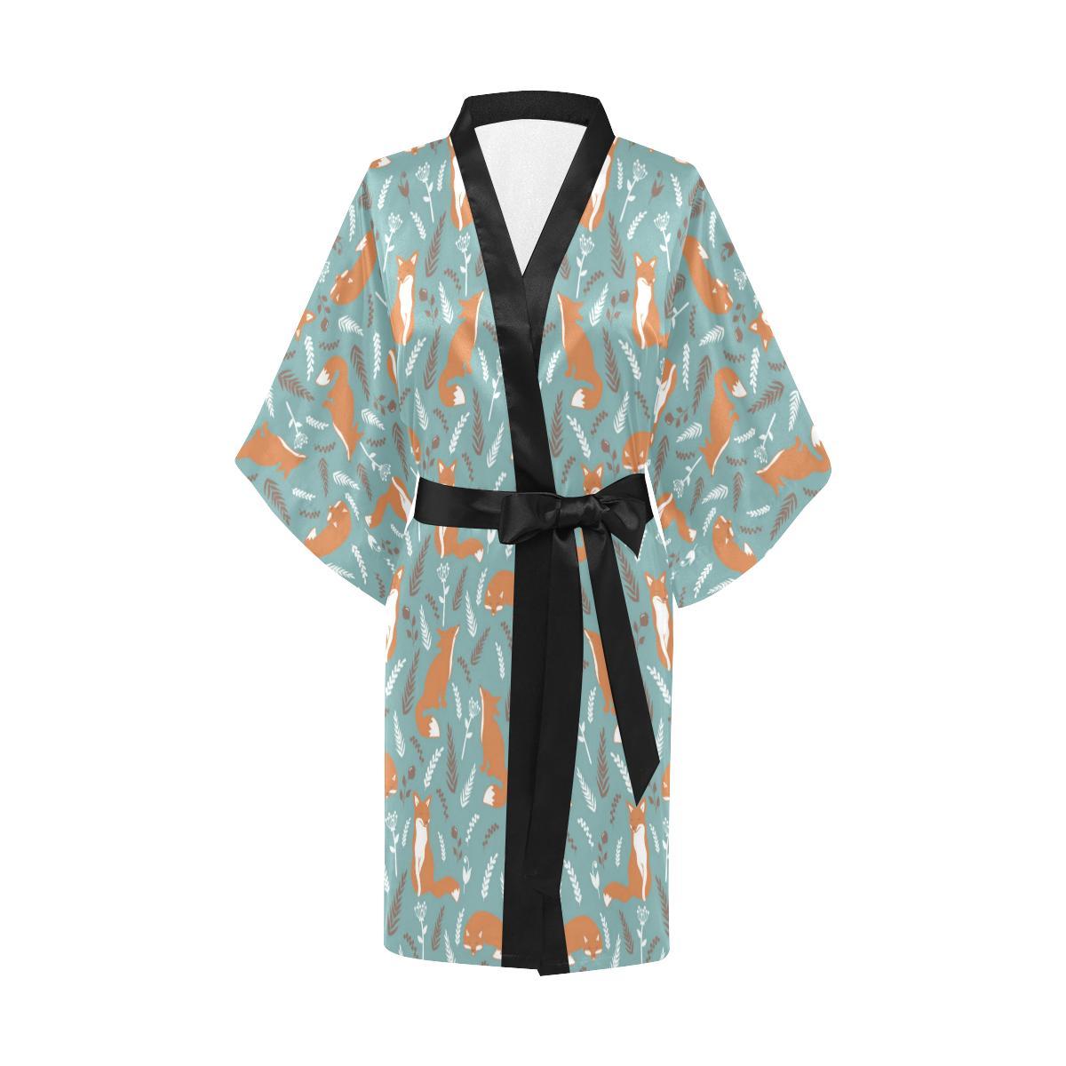 Fox Forest Print Pattern Women Short Kimono Robe