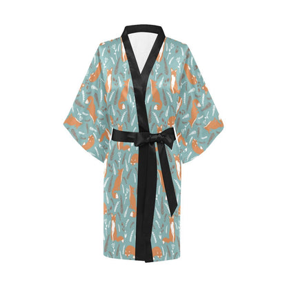 Fox Forest Print Pattern Women Short Kimono Robe