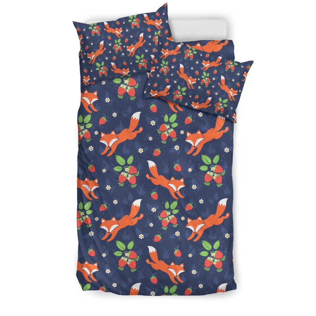 Fox Strawberry Print Pattern Duvet Cover Bedding Set