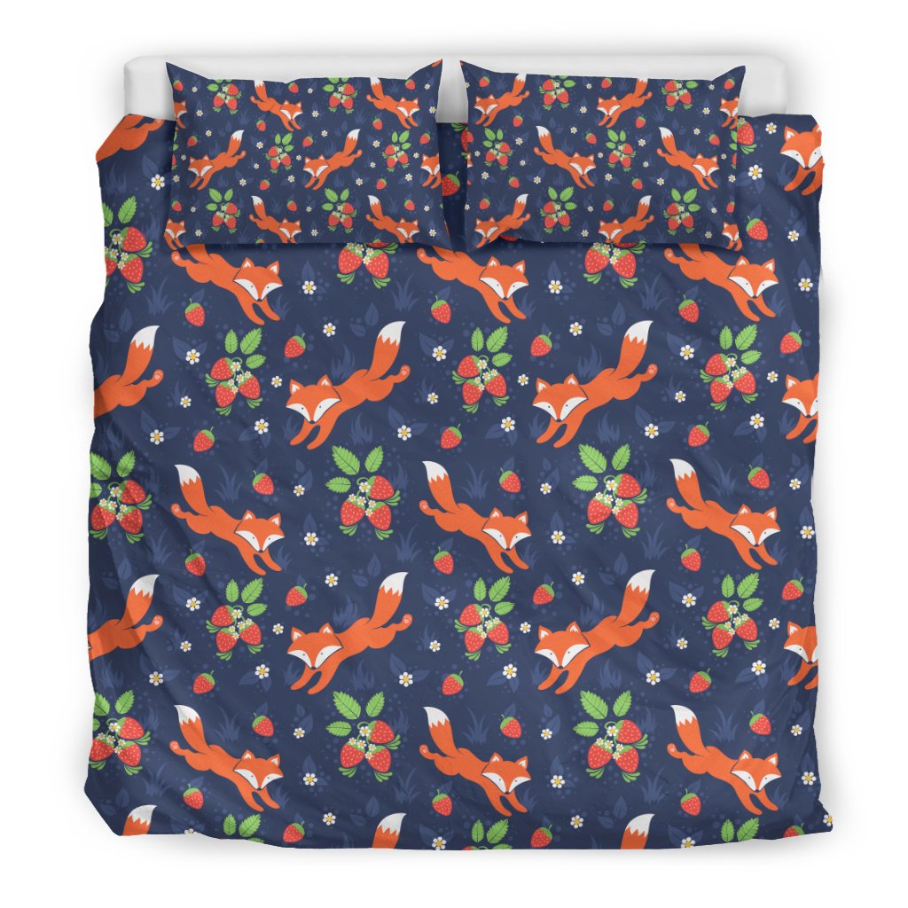 Fox Strawberry Print Pattern Duvet Cover Bedding Set