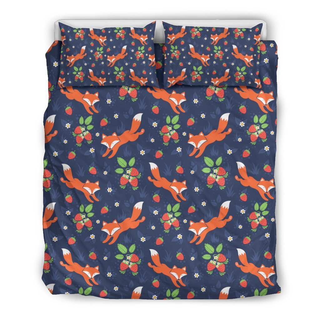 Fox Strawberry Print Pattern Duvet Cover Bedding Set