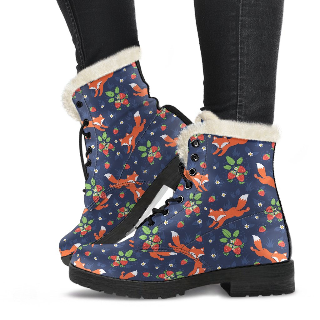 Fox Strawberry Print Pattern Faux Fur Leather Boots-JTAMIGO.COM
