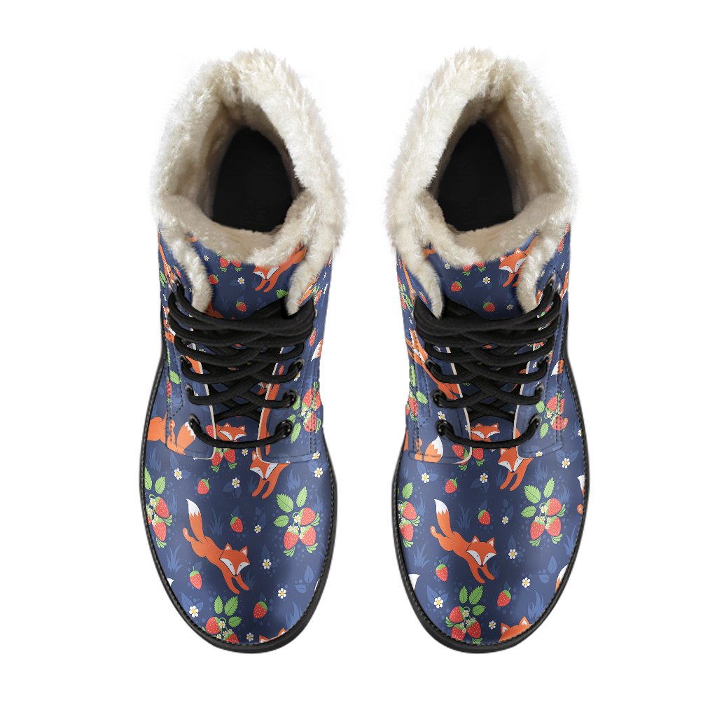 Fox Strawberry Print Pattern Faux Fur Leather Boots-JTAMIGO.COM