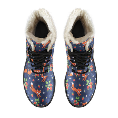 Fox Strawberry Print Pattern Faux Fur Leather Boots-JTAMIGO.COM