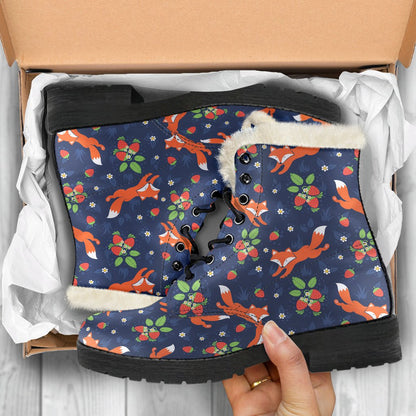 Fox Strawberry Print Pattern Faux Fur Leather Boots-JTAMIGO.COM