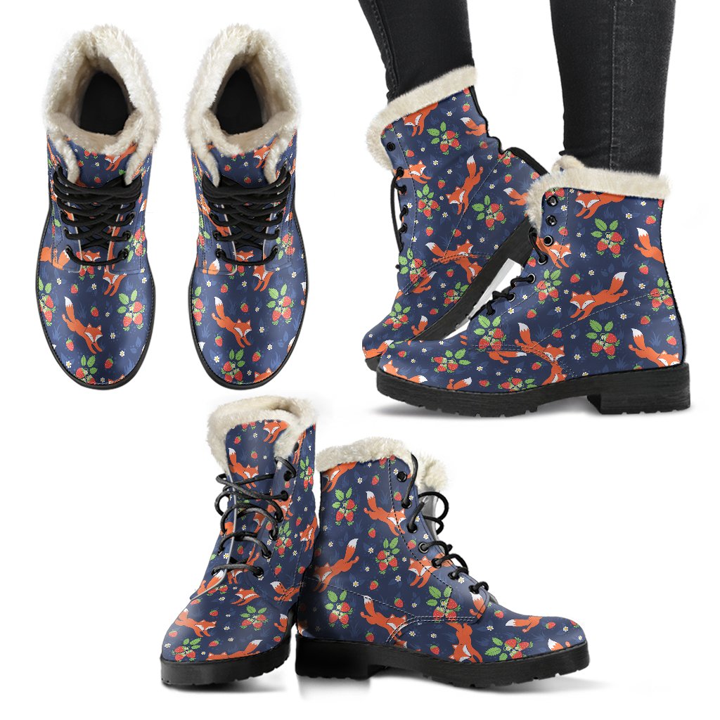 Fox Strawberry Print Pattern Faux Fur Leather Boots-JTAMIGO.COM