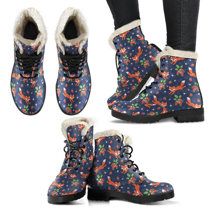 Fox Strawberry Print Pattern Faux Fur Leather Boots-JTAMIGO.COM