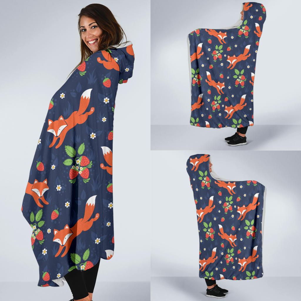 Fox Strawberry Print Pattern Hooded Blanket-JTAMIGO.COM
