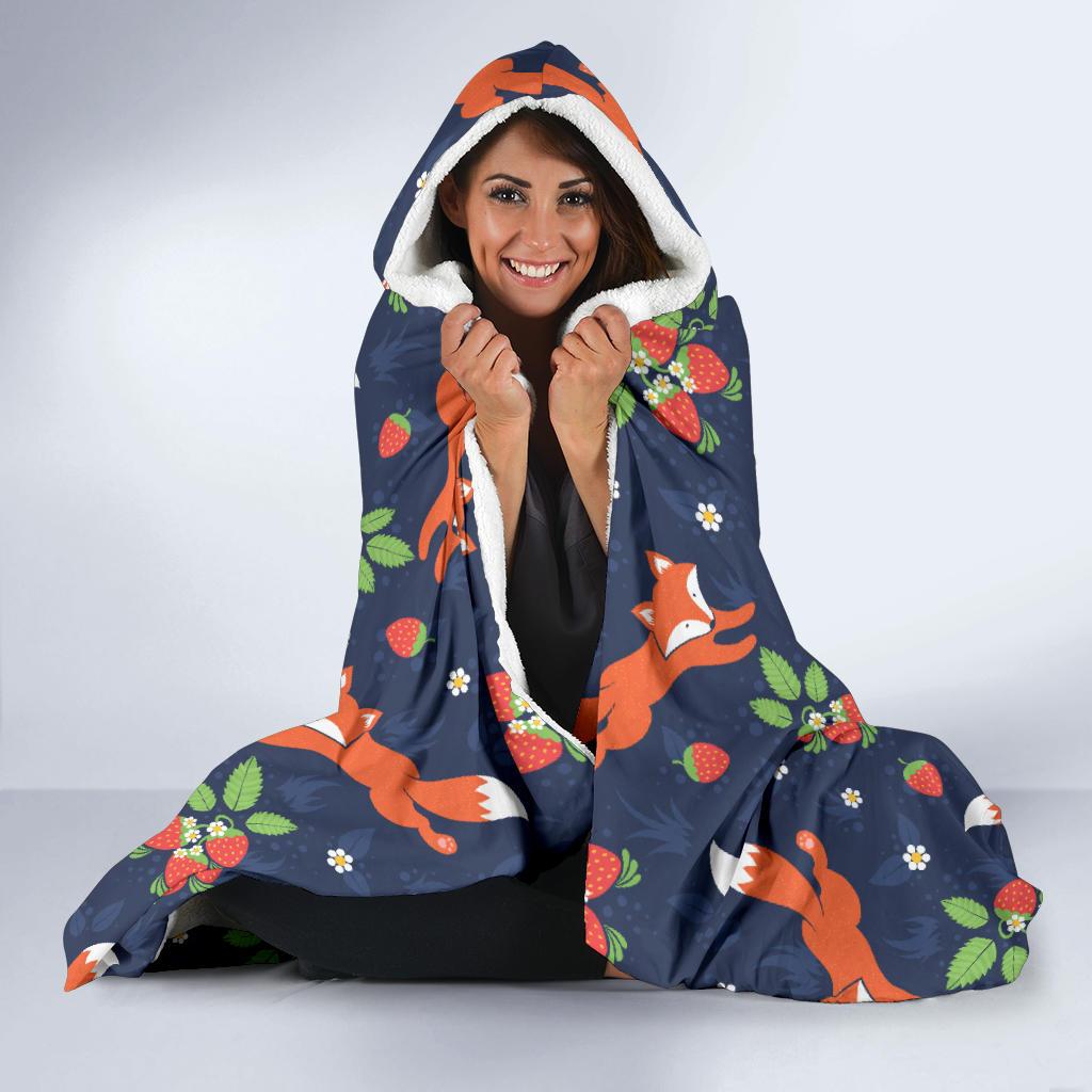 Fox Strawberry Print Pattern Hooded Blanket-JTAMIGO.COM