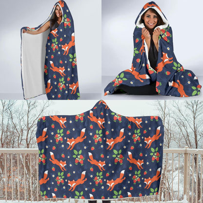 Fox Strawberry Print Pattern Hooded Blanket-JTAMIGO.COM