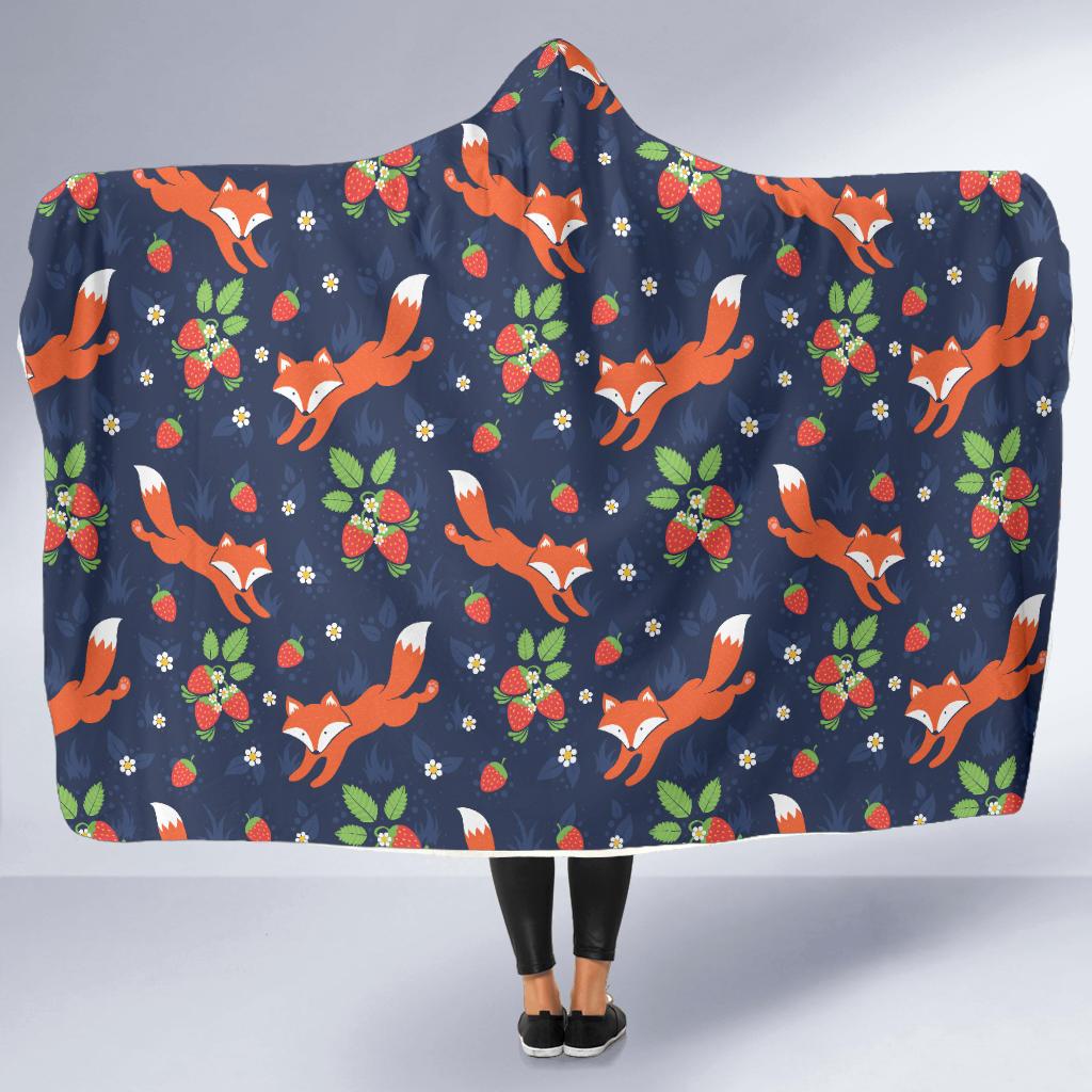 Fox Strawberry Print Pattern Hooded Blanket-JTAMIGO.COM