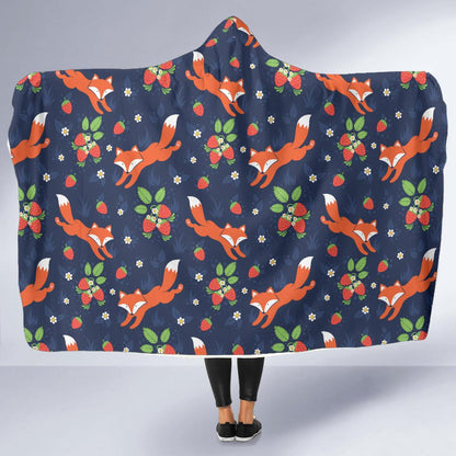 Fox Strawberry Print Pattern Hooded Blanket-JTAMIGO.COM