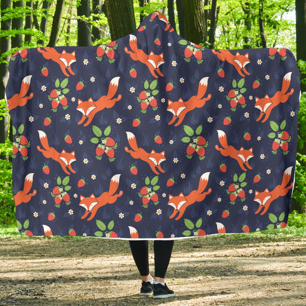 Fox Strawberry Print Pattern Hooded Blanket-JTAMIGO.COM