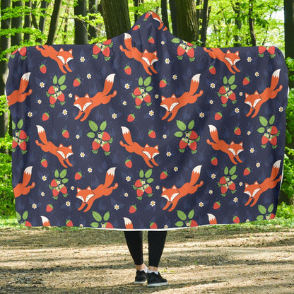 Fox Strawberry Print Pattern Hooded Blanket-JTAMIGO.COM