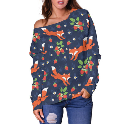 Fox Strawberry Print Pattern Off Shoulder Sweatshirt