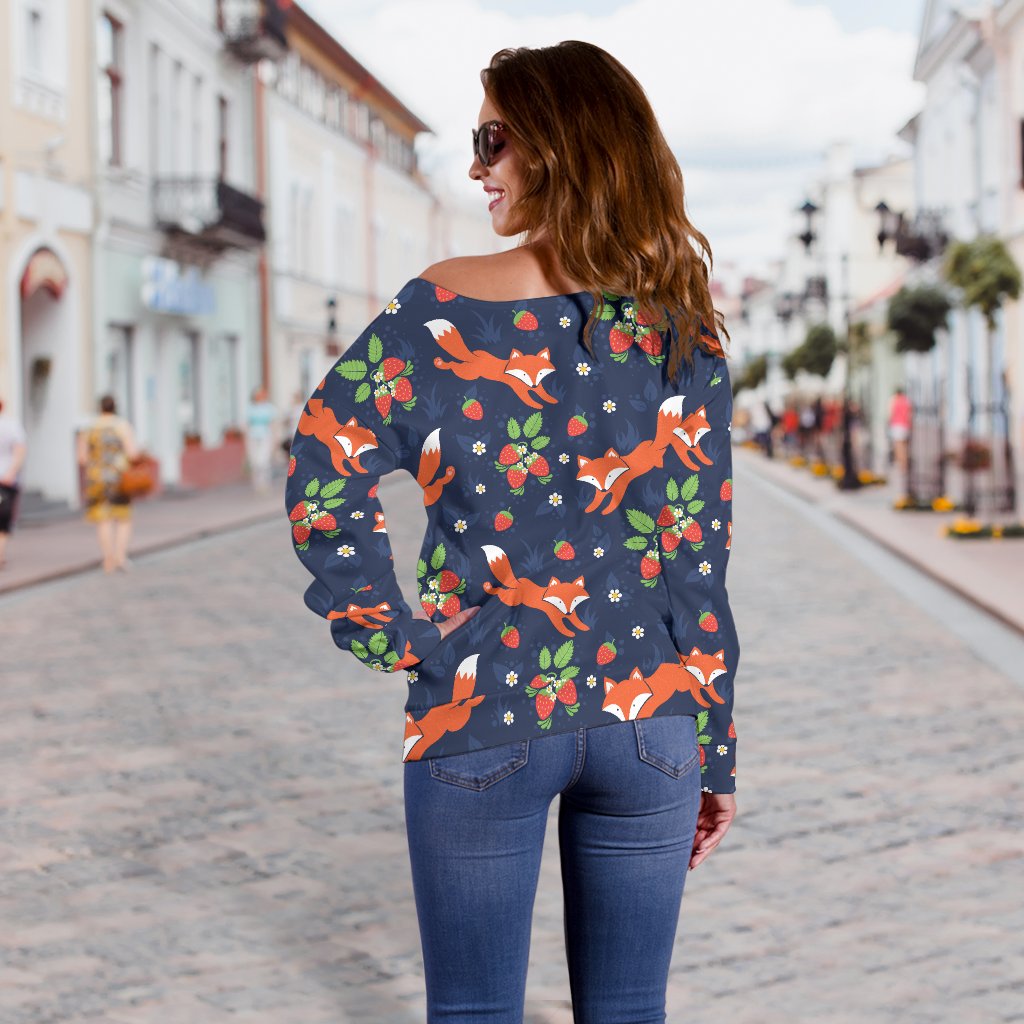 Fox Strawberry Print Pattern Off Shoulder Sweatshirt