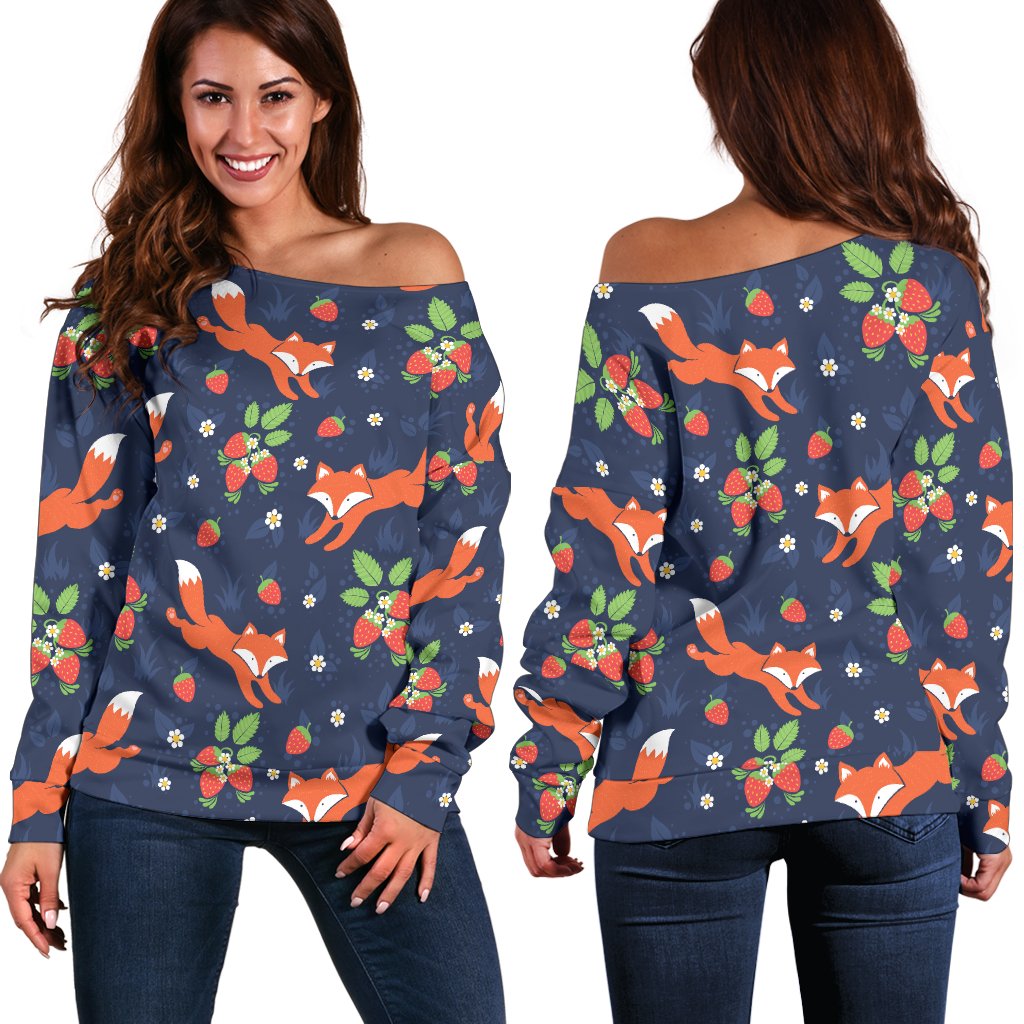Fox Strawberry Print Pattern Off Shoulder Sweatshirt