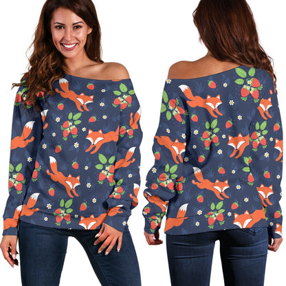 Fox Strawberry Print Pattern Off Shoulder Sweatshirt