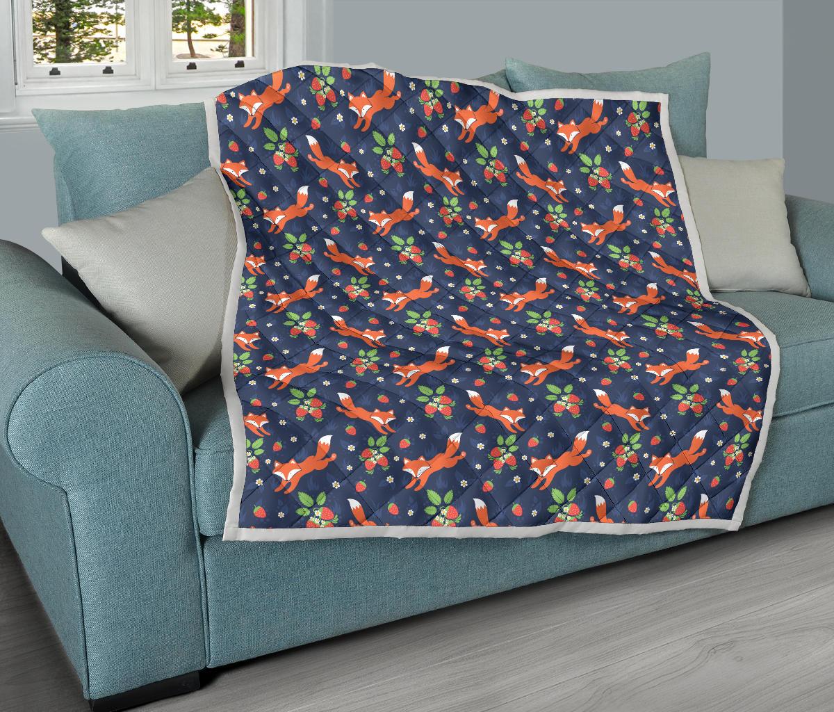 Fox Strawberry Print Pattern Premium Quilt-JTAMIGO.COM