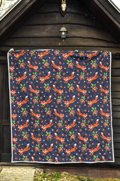 Fox Strawberry Print Pattern Premium Quilt-JTAMIGO.COM