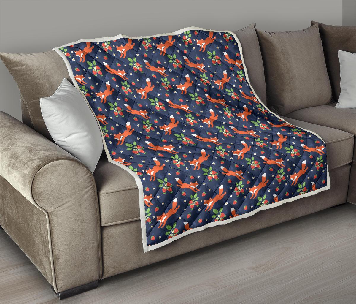 Fox Strawberry Print Pattern Premium Quilt-JTAMIGO.COM