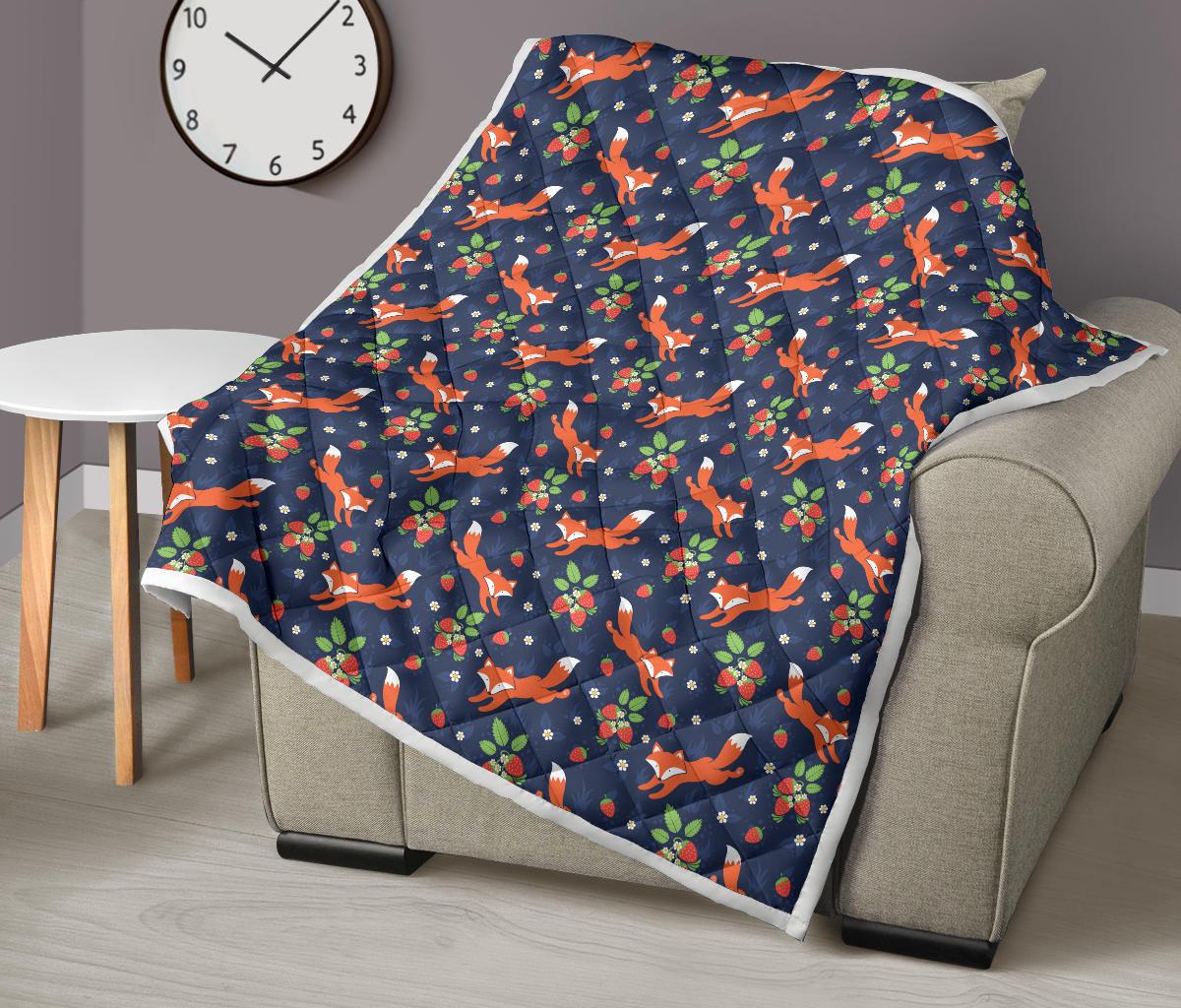 Fox Strawberry Print Pattern Premium Quilt-JTAMIGO.COM