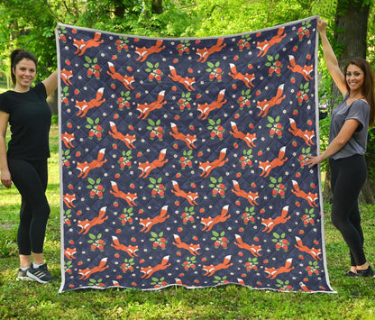 Fox Strawberry Print Pattern Premium Quilt-JTAMIGO.COM