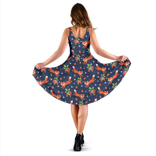 Fox Strawberry Print Pattern Sleeveless Dress