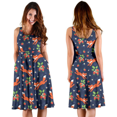Fox Strawberry Print Pattern Sleeveless Dress