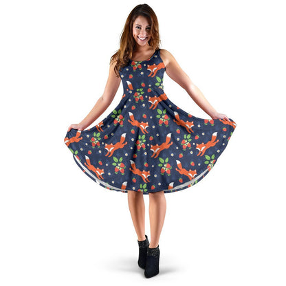 Fox Strawberry Print Pattern Sleeveless Dress
